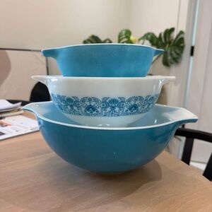 Vintage Pyrex HORIZON BLUE Cinderella Bowl Set, Country Kitchen